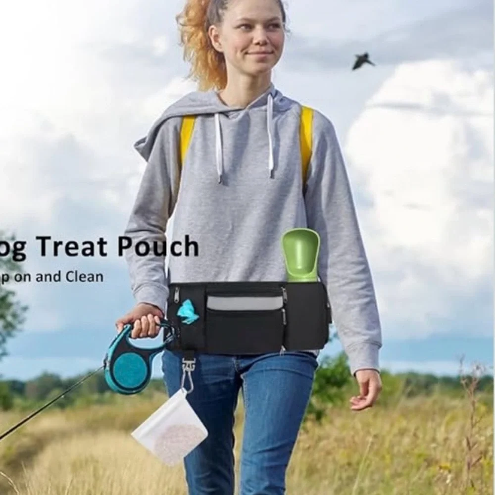 Dog Walking Fanny Pack Belt Bag for Leash Treats Training w Water Bottle Holder